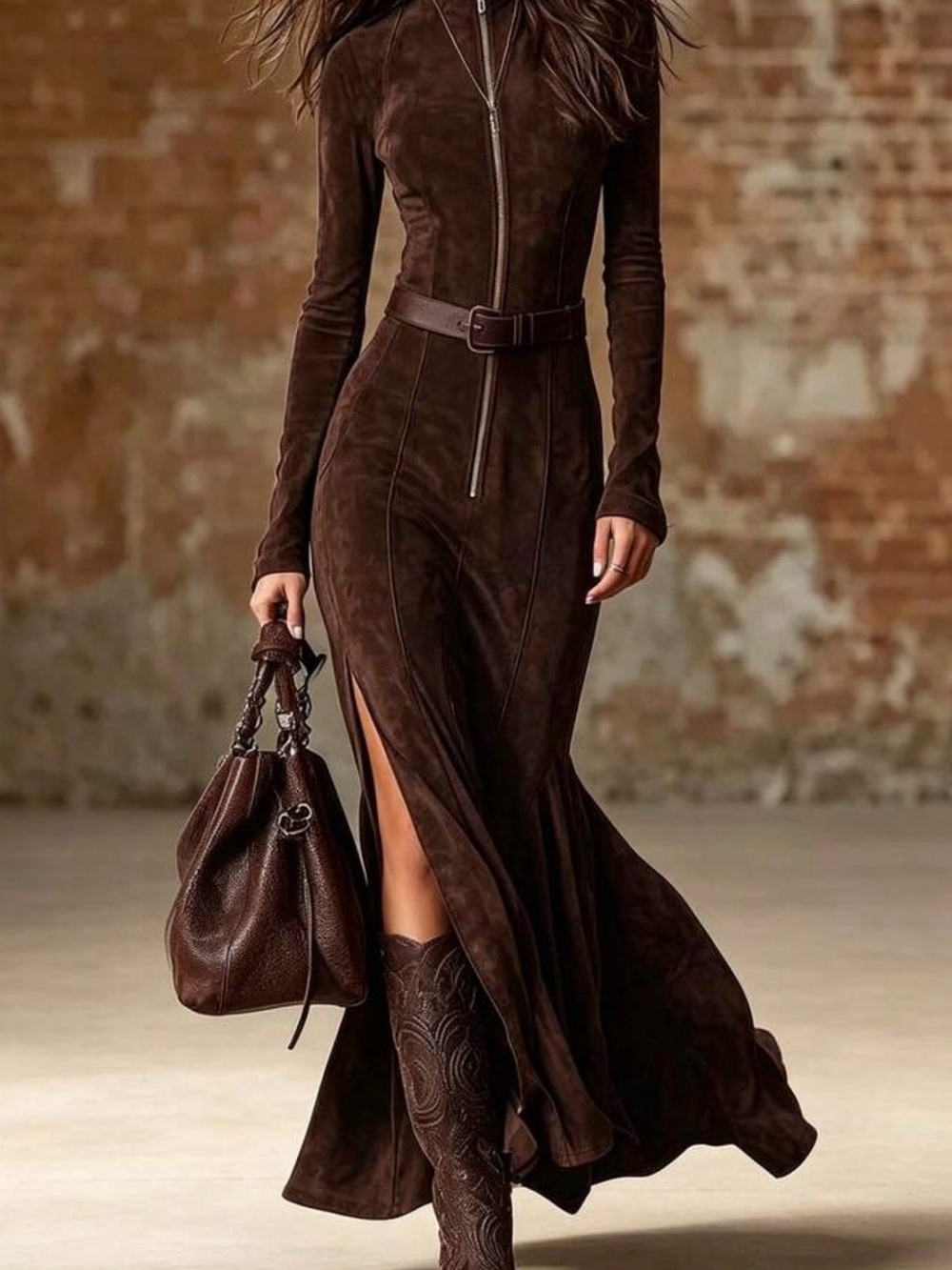 Brown Long Sleeve Zipper Dress with Belt faux suede